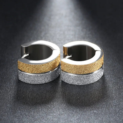 2 Tone Titanium Frosted Wide Gold Silver Hypoallergenic Men Women Hoop Earrings